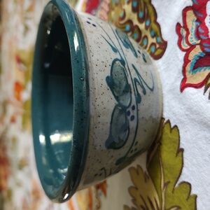 Great Bay Pottery 4" Oil, Dip Bowl Leaves Bow Handmade Green Blue Floral